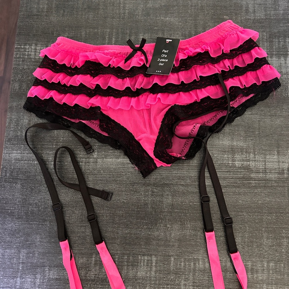 Hot Pink and Black Ruffle Panties with Garters